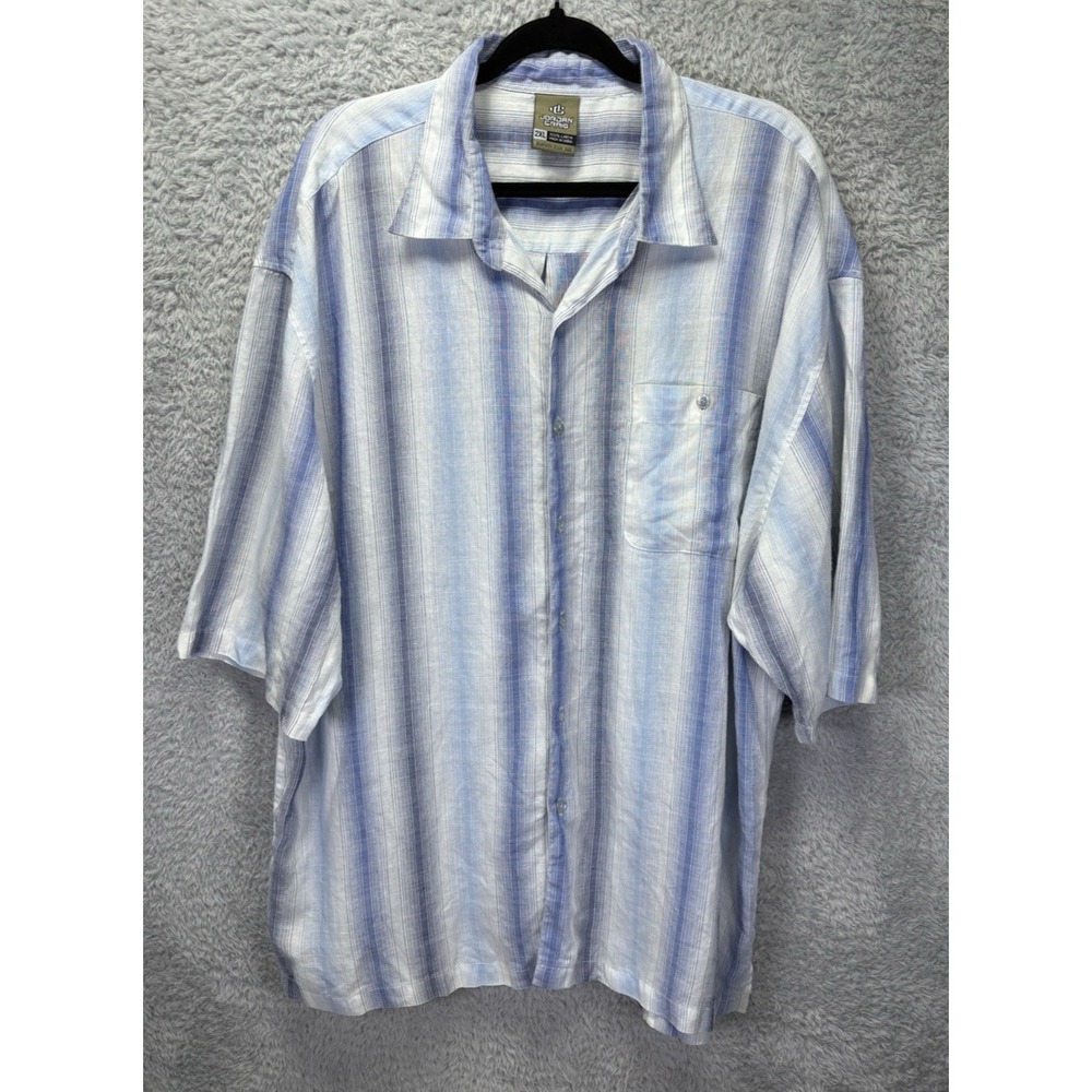 Vtg Jordan Craig Shirt Short‎ Sleeve Button Blue Stripe 2XL 100% Linen Pocket